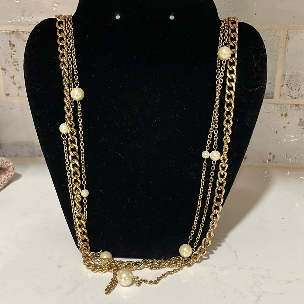 Elegant Long Gold Plated and Pearl Necklace